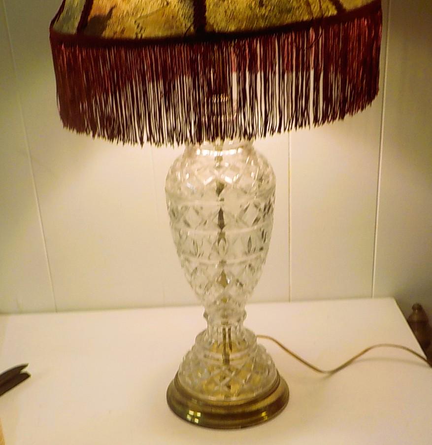 A Classic cut glass table - parlor lamp with a brass base and fabric shade. 28 " tall lot 2261