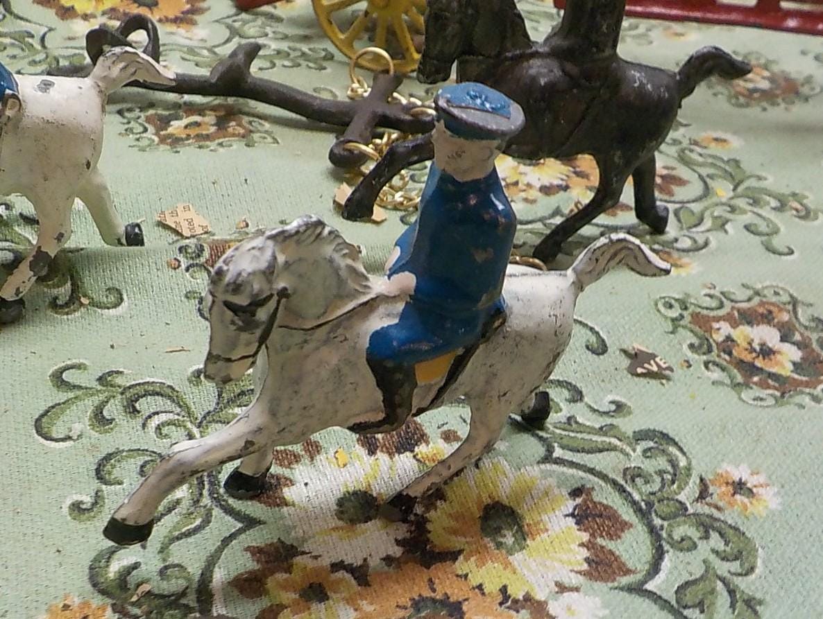 Vintage Cast Iron Toy Horses, Riders, and Wagon (Repair)