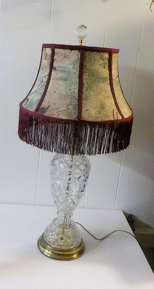 A Classic cut glass table - parlor lamp with a brass base and fabric shade. 28 " tall lot 2261