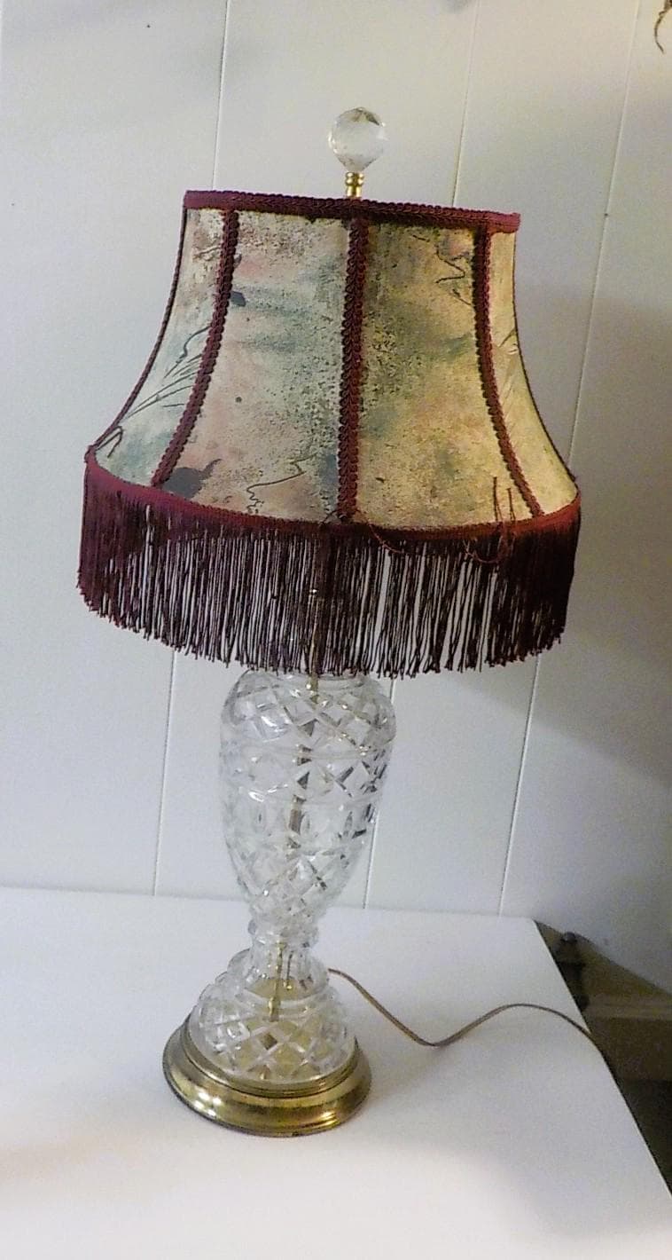 A Classic cut glass table - parlor lamp with a brass base and fabric shade. 28 " tall lot 2261