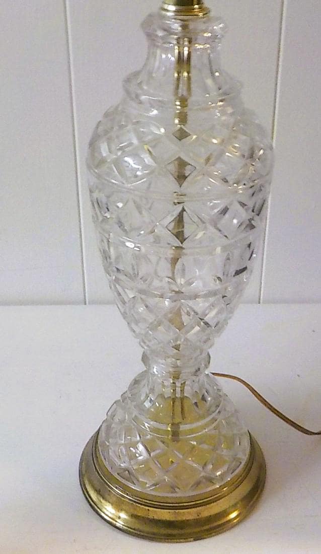 A Classic cut glass table - parlor lamp with a brass base and fabric shade. 28 " tall lot 2261