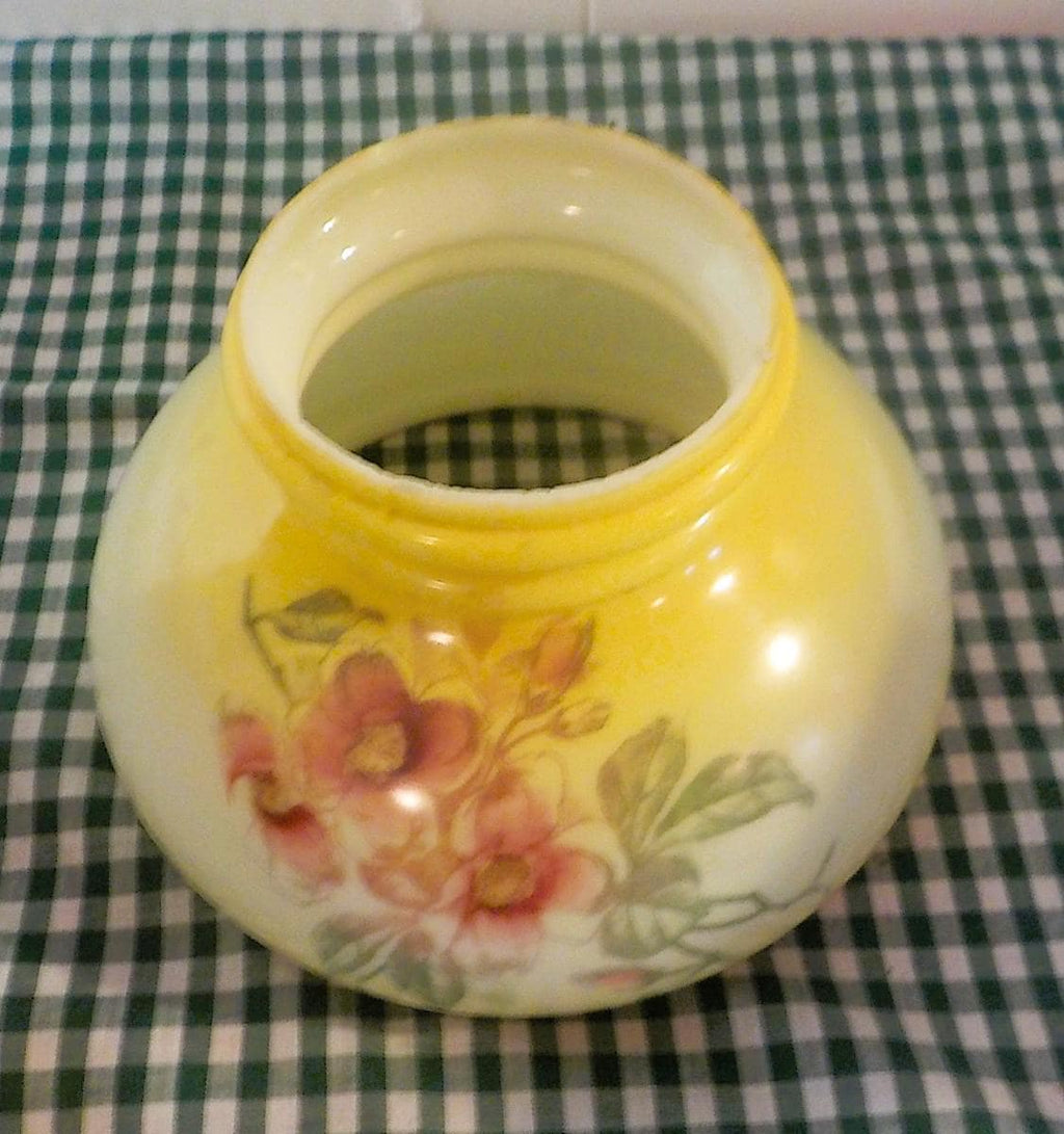 Antique Oil Lamp Shade — Yellow Roses & Leaves, 7" Fitter, circa 1920s–1940s