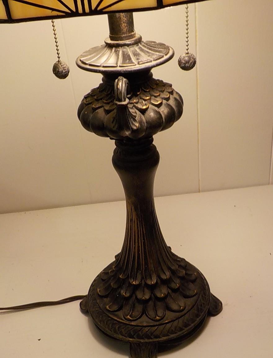 Early Vintage Leaded 12-Sided Table Lamp — 20" Tall, Antique Base, Double Pull Chain