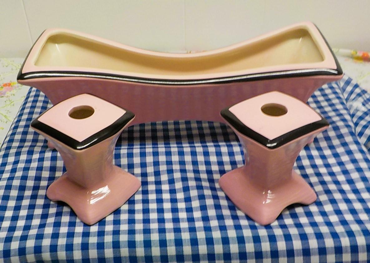 Art Deco Ceramic Console Centerpiece Pink With Candlestick Holders item 964