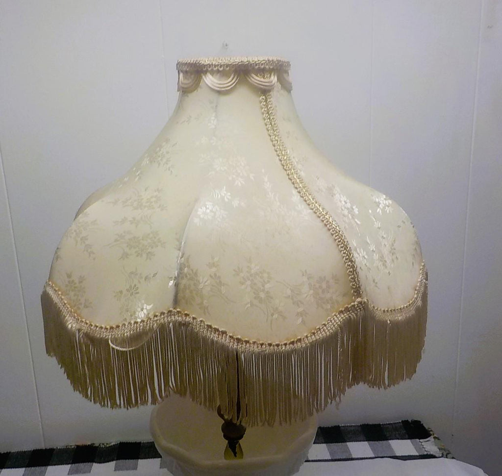 Vintage White Milk Glass Hobnail Table Lamp — Fringed Shade & Brass Base