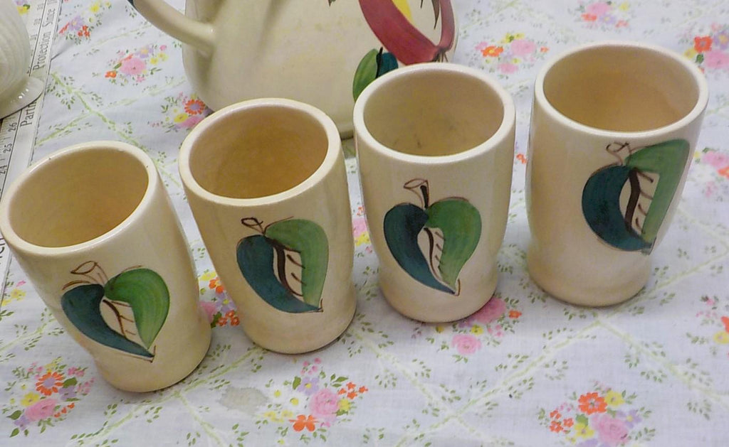 Vintage Purinton Slip Ware Apple Pottery Pitcher With 4 Apple Tumblers ITEM 978
