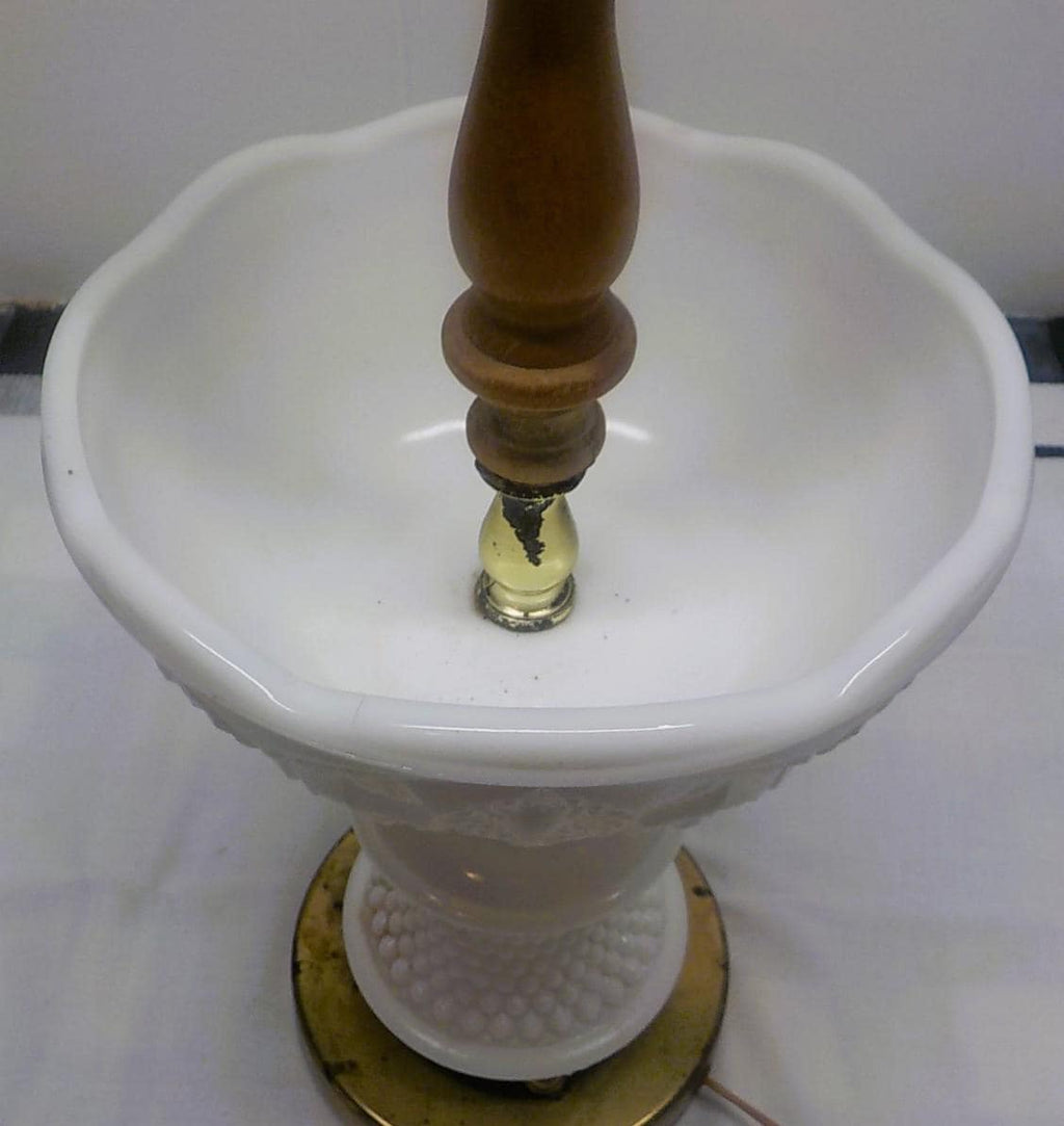 Vintage White Milk Glass Hobnail Table Lamp — Fringed Shade & Brass Base
