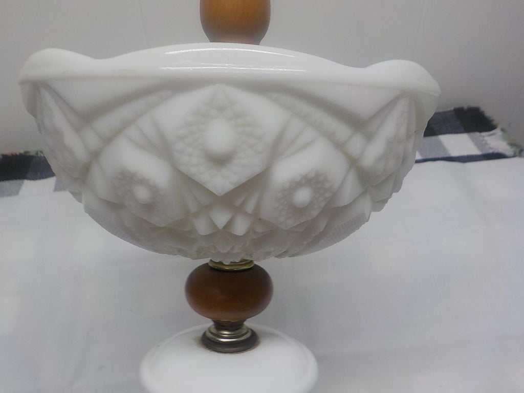 Vintage White Milk Glass Hobnail Table Lamp — Fringed Shade & Brass Base