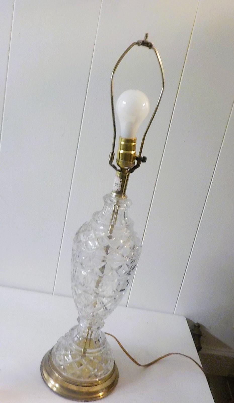 A Classic cut glass table - parlor lamp with a brass base and fabric shade. 28 " tall lot 2261