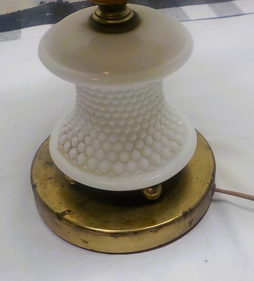 Vintage White Milk Glass Hobnail Table Lamp — Fringed Shade & Brass Base