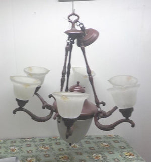 Vintage Art Deco Chandelier: Ornate 6-Arm with Frosted Glass Shades