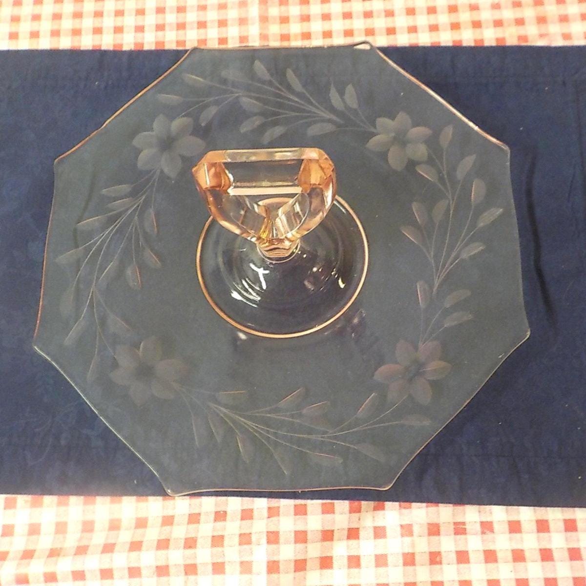 Vintage Pink Depression Glass Serving Platter with Center Handle | Flower Embossed | Item 677