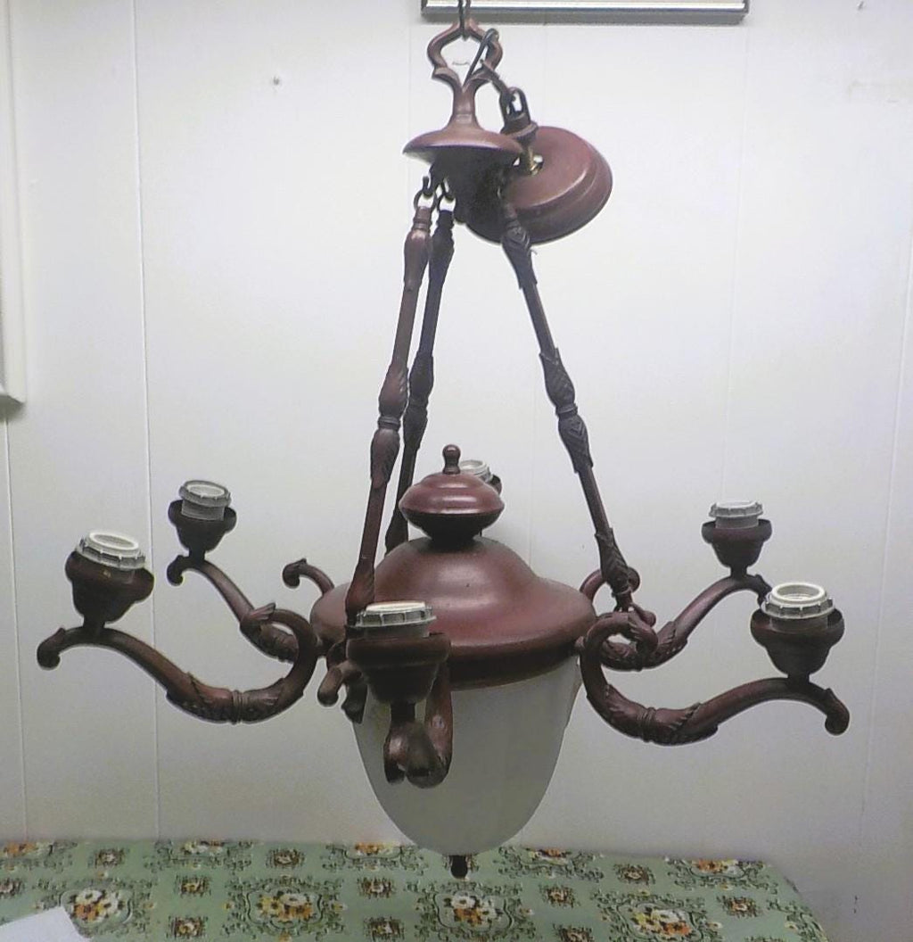 Vintage Art Deco Chandelier: Ornate 6-Arm with Frosted Glass Shades
