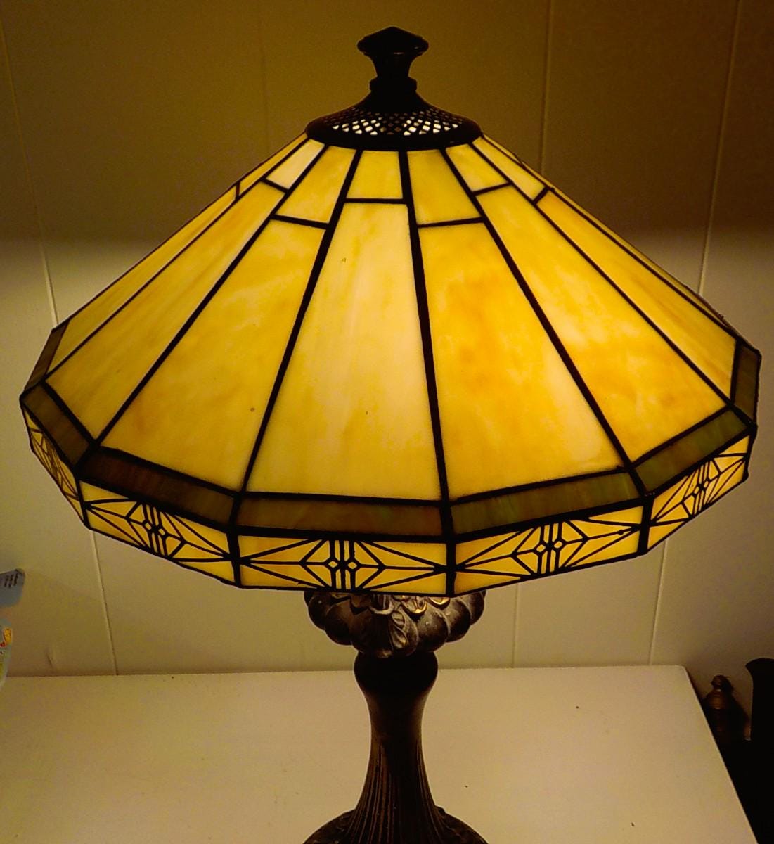 Early Vintage Leaded 12-Sided Table Lamp — 20" Tall, Antique Base, Double Pull Chain