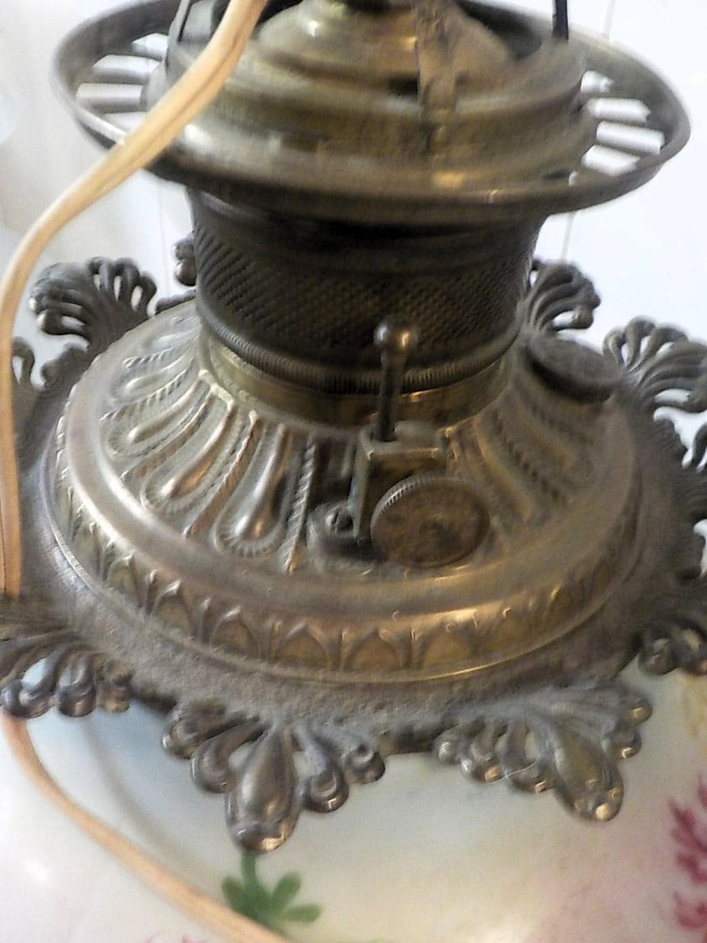 Antique Victorian Painted Glass Electrified Oil Lamp | No Shade | USA | Lot 2478