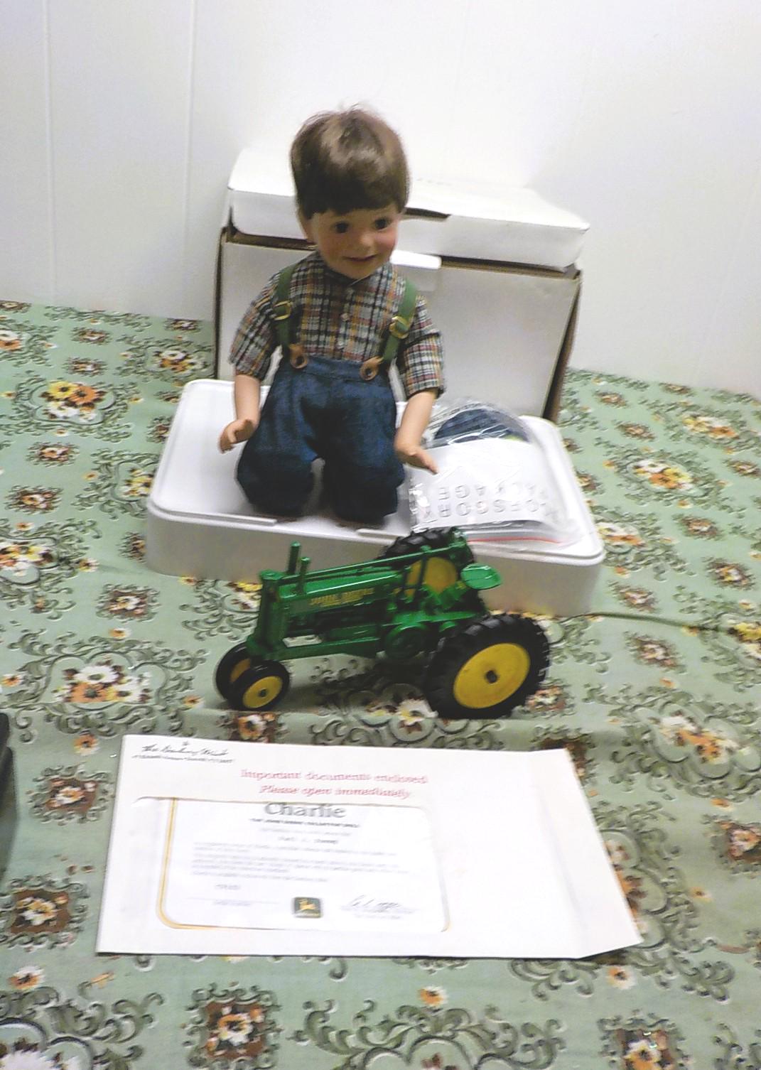 Danbury Mint Charlie John Deere Porcelain Doll with Tractor, Boxed