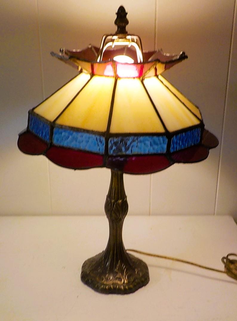 Antique Metal Table Lamp with a Leaded Shade 17 inches lot 2262