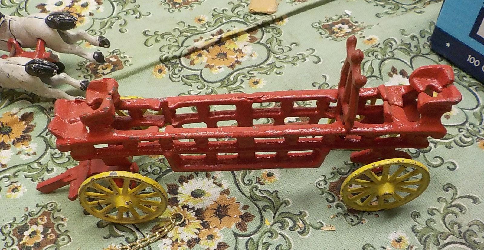 Vintage Cast Iron Toy Horses, Riders, and Wagon (Repair)