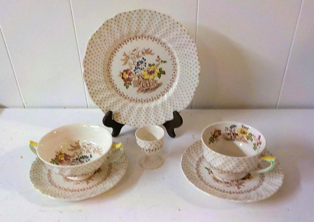 Vintage Royal Doulton Grantham Demitasse Set — Tea Cups, Saucers, Sugar Bowl, Plates & Egg Cup