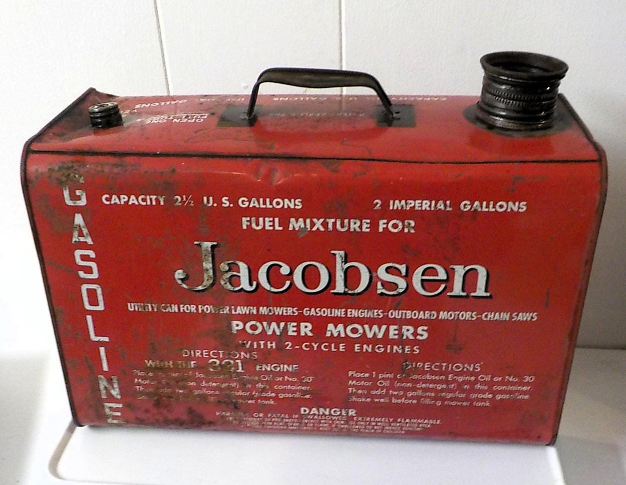 Jacobsen 2 Cycle Gas Mixture Can 1970s Vintage 2.5 Gallon Metal Patina Display lot 2304