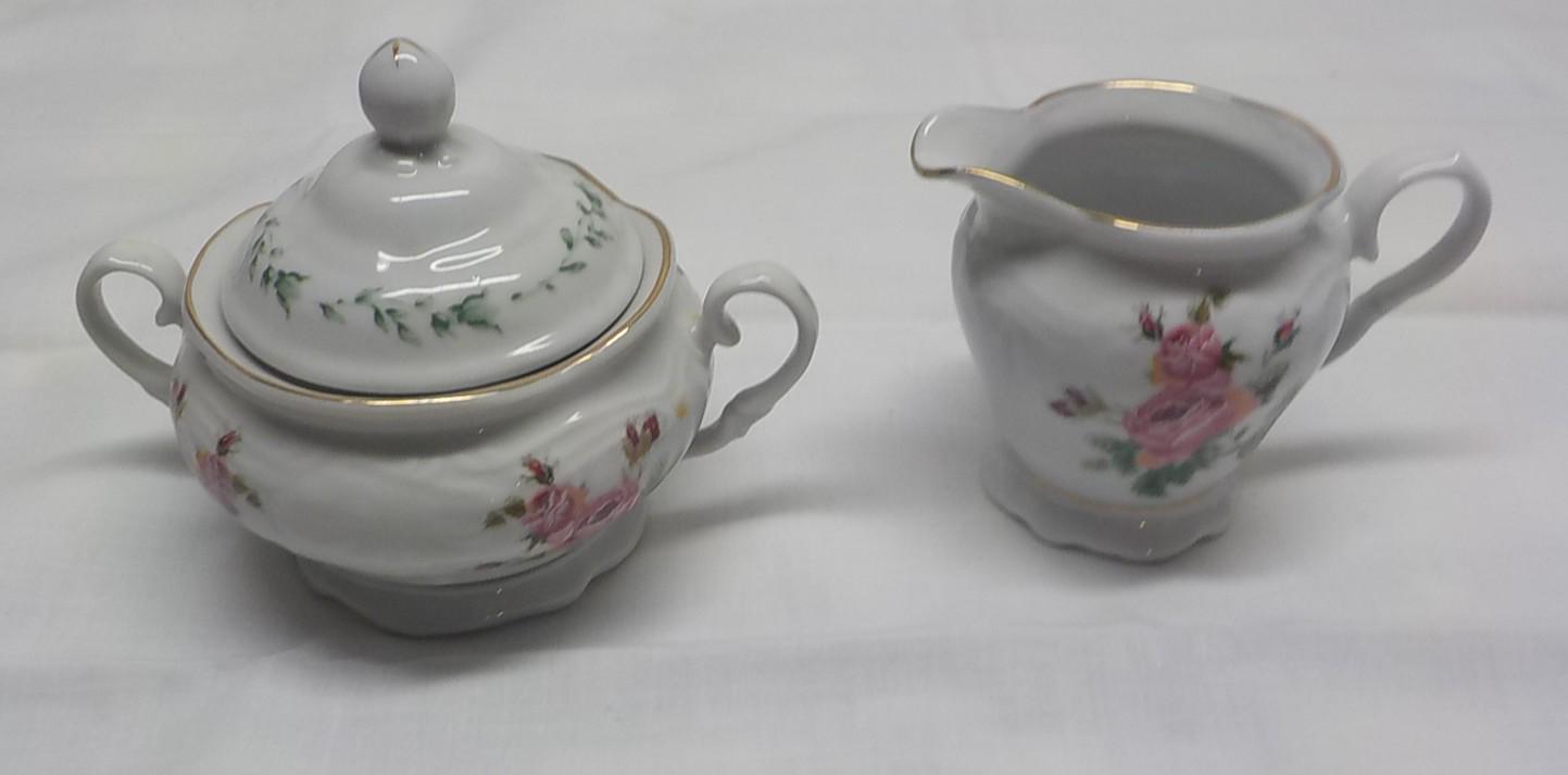 Gibson Houseware China Rose Creamer & Sugar Bowl with Gold Trim