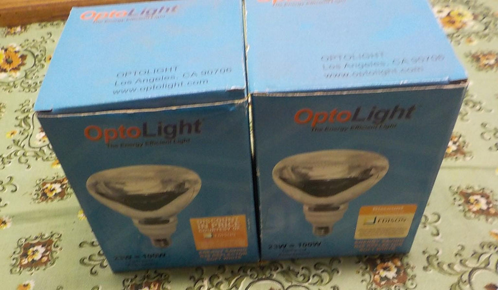 Opto Light CFL Floodlight Bulbs 23W=100W, 1250 Lumens — 2 Packs, New in Box | Item 1022