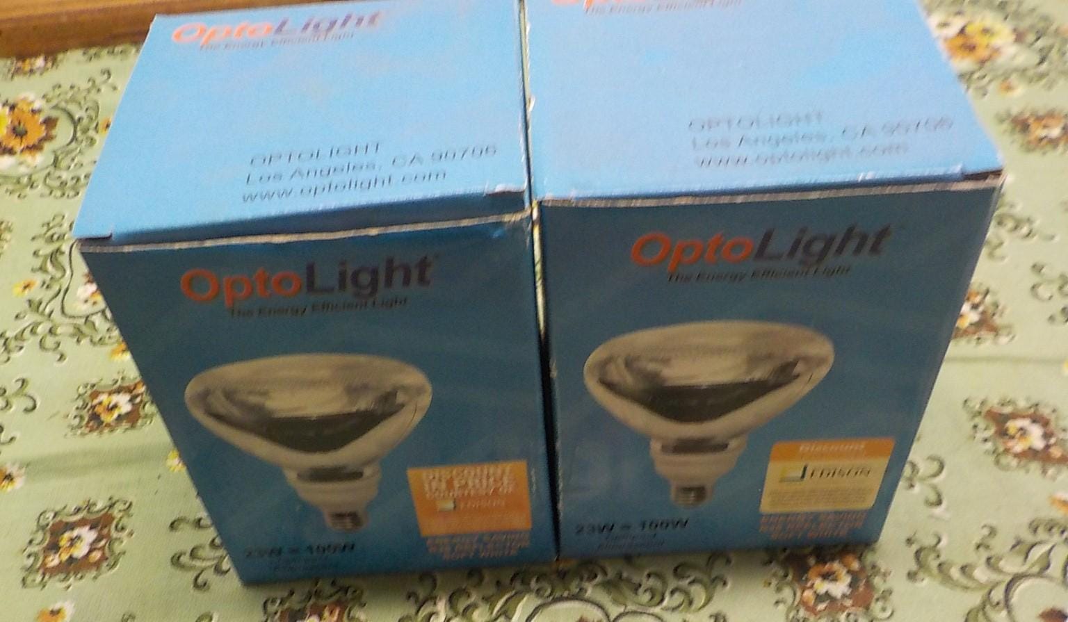 Opto Light CFL Floodlight Bulbs 23W=100W, 1250 Lumens — 2 Packs, New in Box | Item 1022