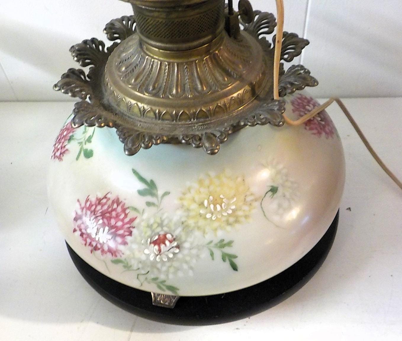 Antique Victorian Painted Glass Electrified Oil Lamp | No Shade | USA | Lot 2478