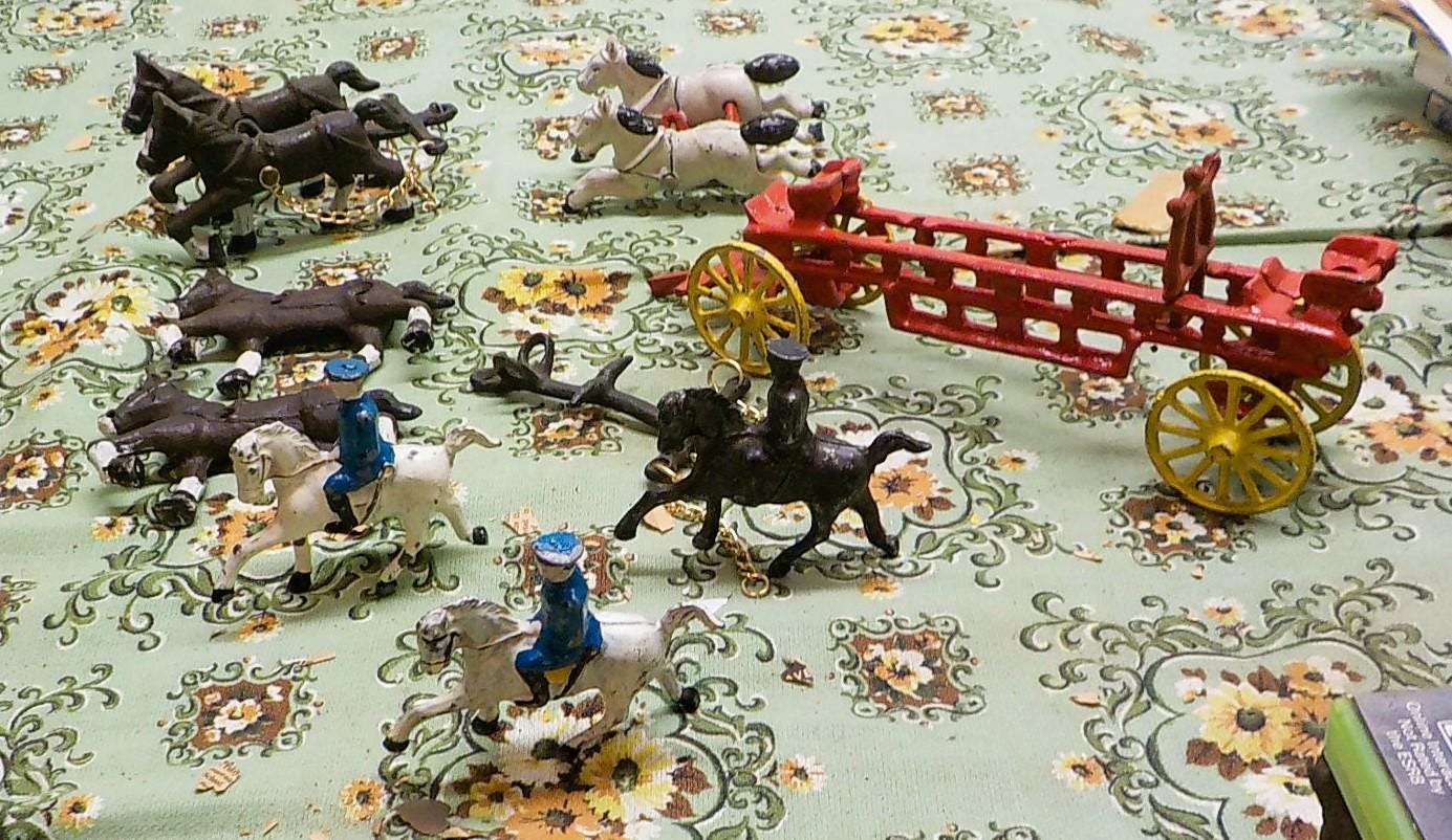 Vintage Cast Iron Toy Horses, Riders, and Wagon (Repair)