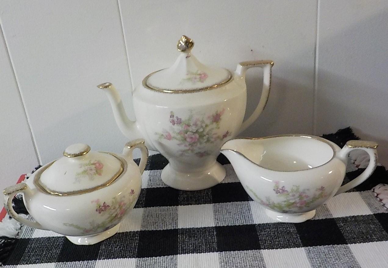Canonsburg Pottery 22kt Gold Trimmed Tea Set — 5-Piece Teapot, Creamer & Sugar Bowl
