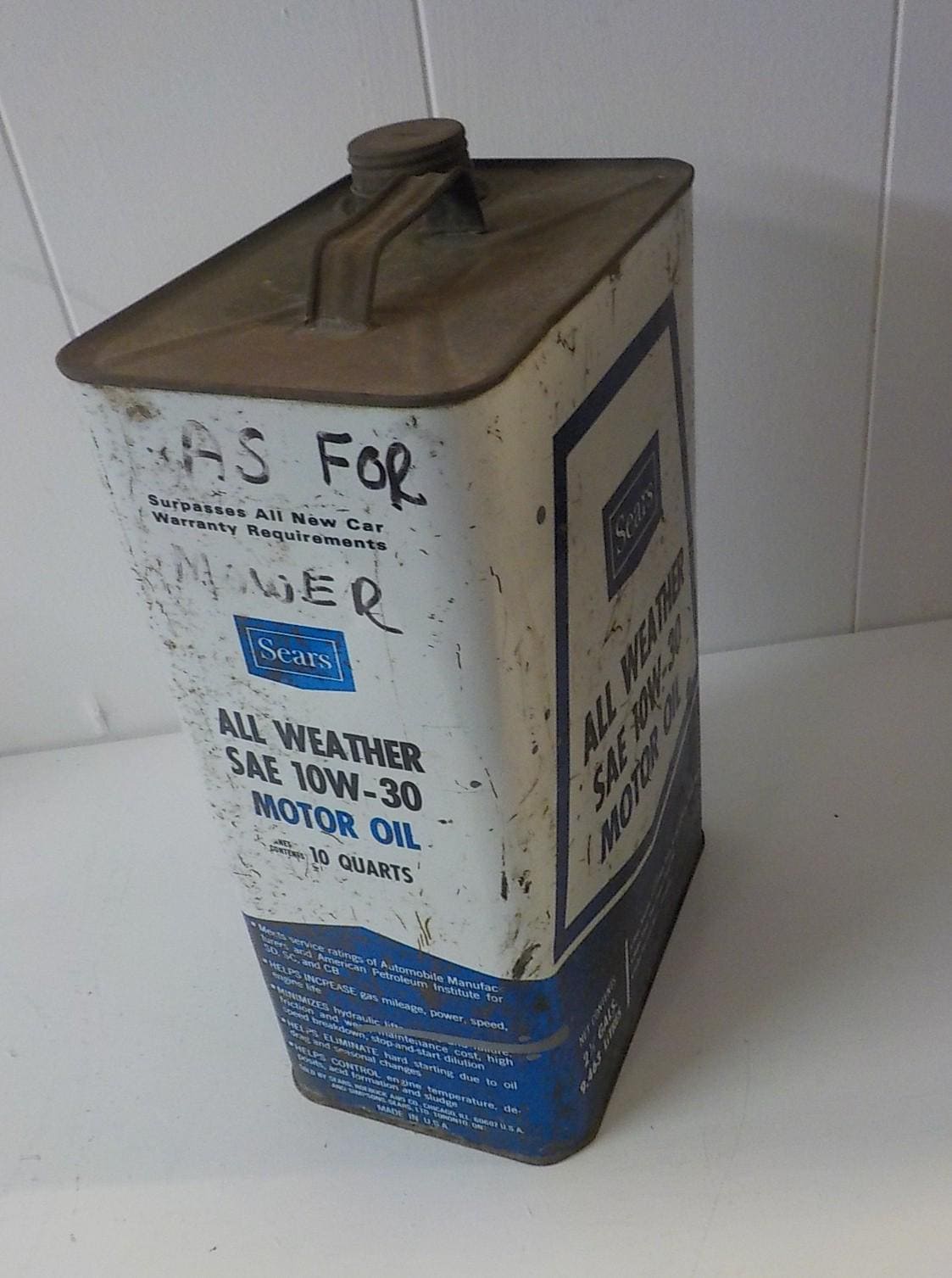 Vintage Sears 2.5 Gallon All Weather Motor Oil Can - SAE 10W-30