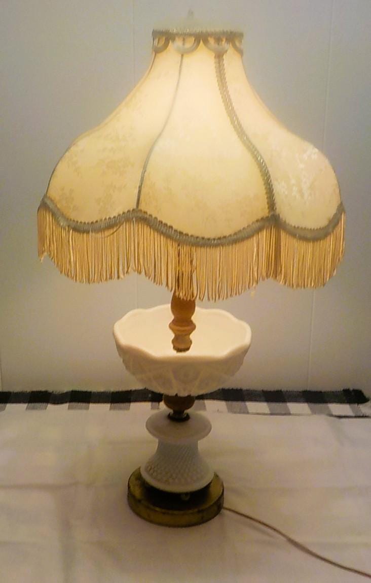 Vintage White Milk Glass Hobnail Table Lamp — Fringed Shade & Brass Base