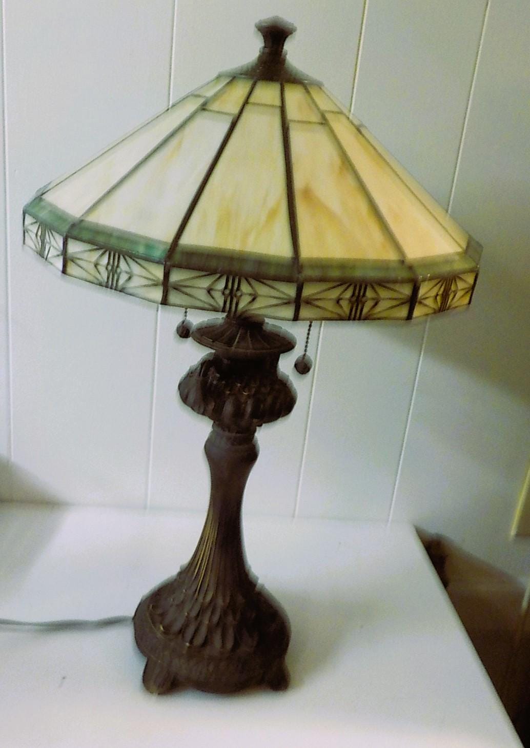 Early Vintage Leaded 12-Sided Table Lamp — 20" Tall, Antique Base, Double Pull Chain