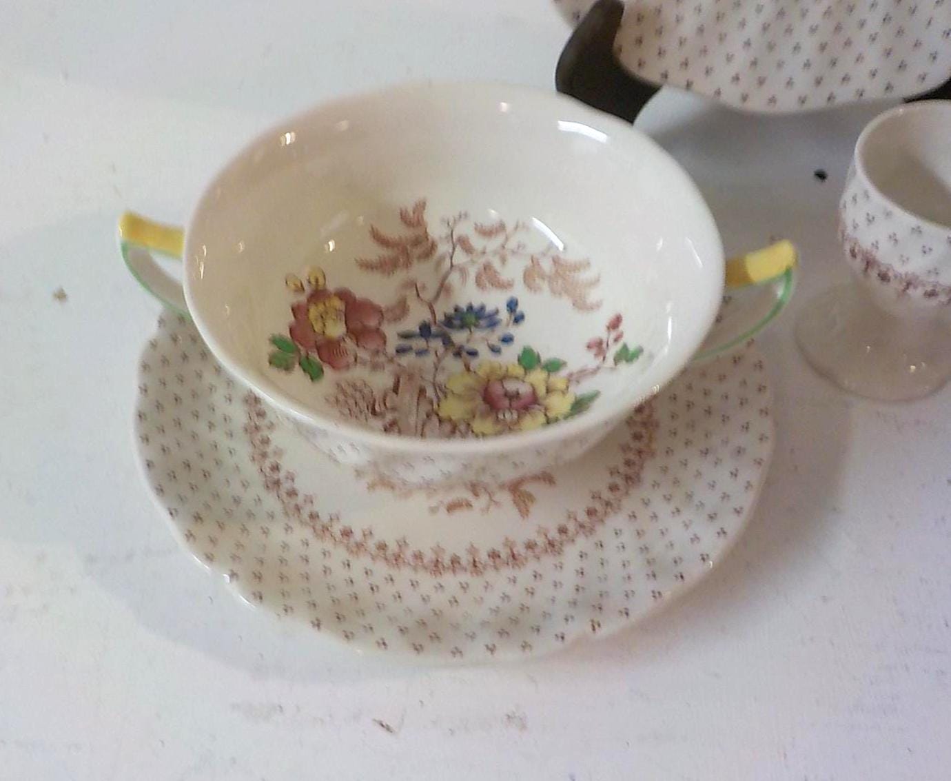 Vintage Royal Doulton Grantham Demitasse Set — Tea Cups, Saucers, Sugar Bowl, Plates & Egg Cup
