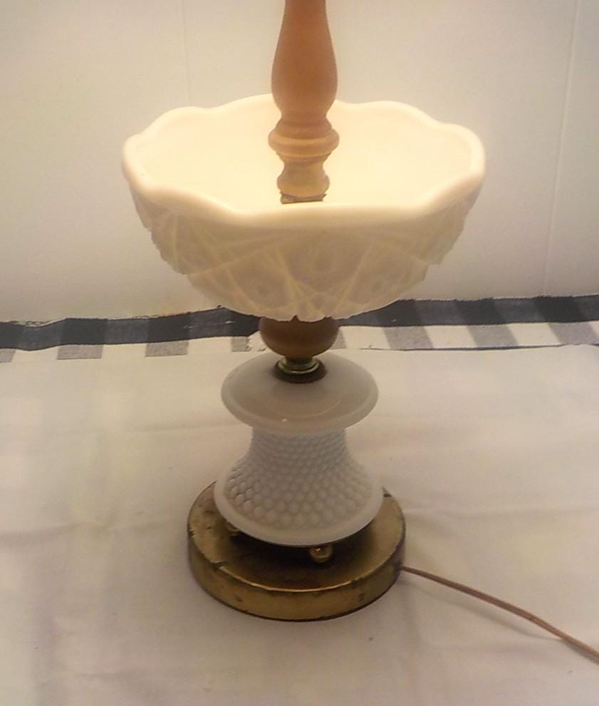 Vintage White Milk Glass Hobnail Table Lamp — Fringed Shade & Brass Base