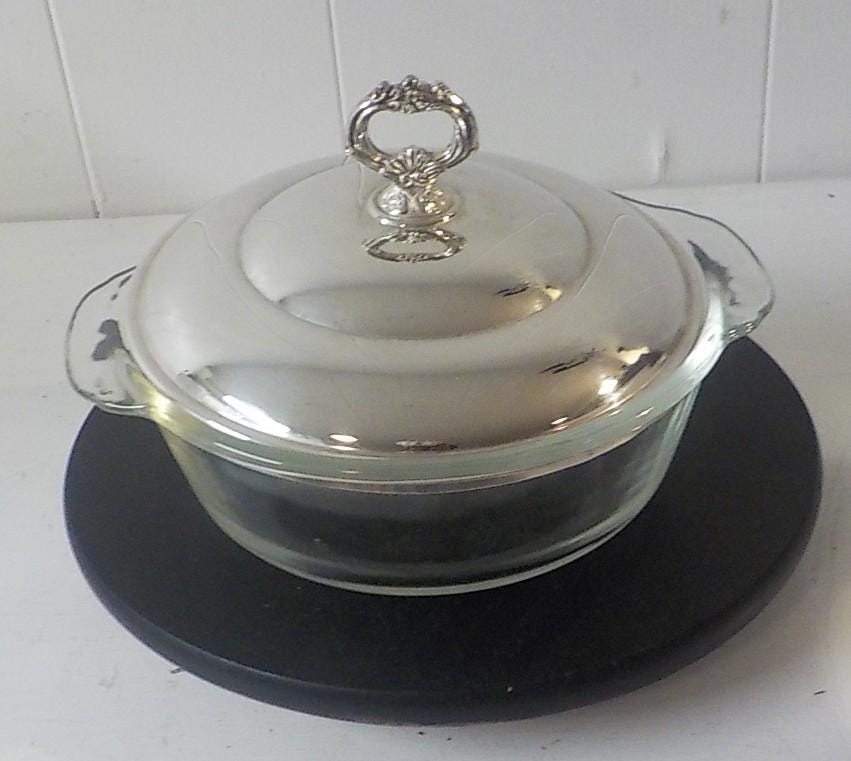 Anchor Hocking Fire-King Glass Covered Bowl / Silverplate Warmer lot 2458