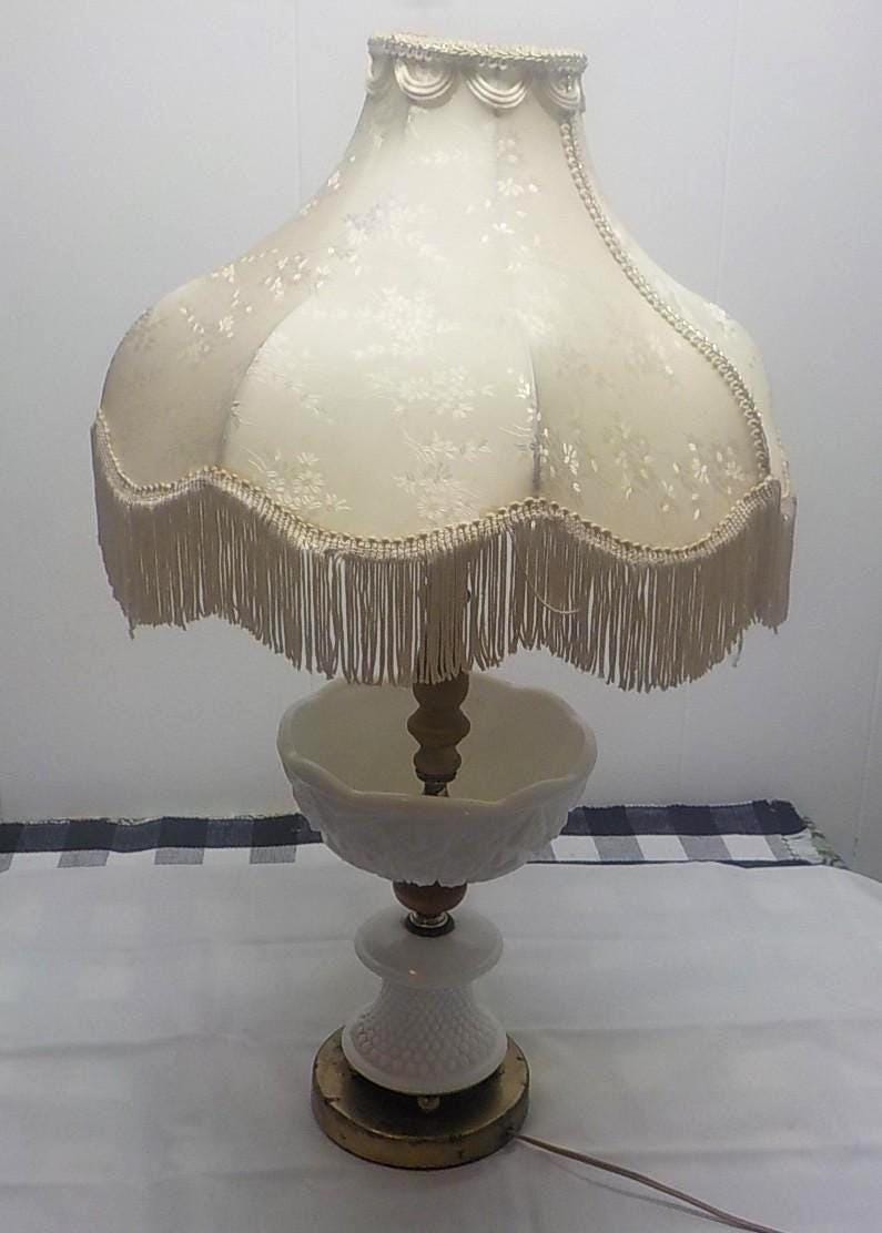 Vintage White Milk Glass Hobnail Table Lamp — Fringed Shade & Brass Base