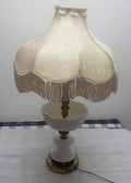 Vintage White Milk Glass Hobnail Table Lamp — Fringed Shade & Brass Base