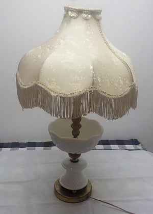 Vintage White Milk Glass Hobnail Table Lamp — Fringed Shade & Brass Base