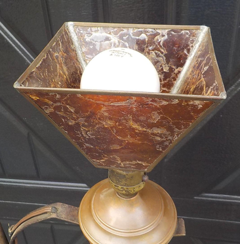 Antique 1920s Art Deco Bridge Arm Floor Lamp 55" with Leaded Shade | Gold Finish | Lot 2446